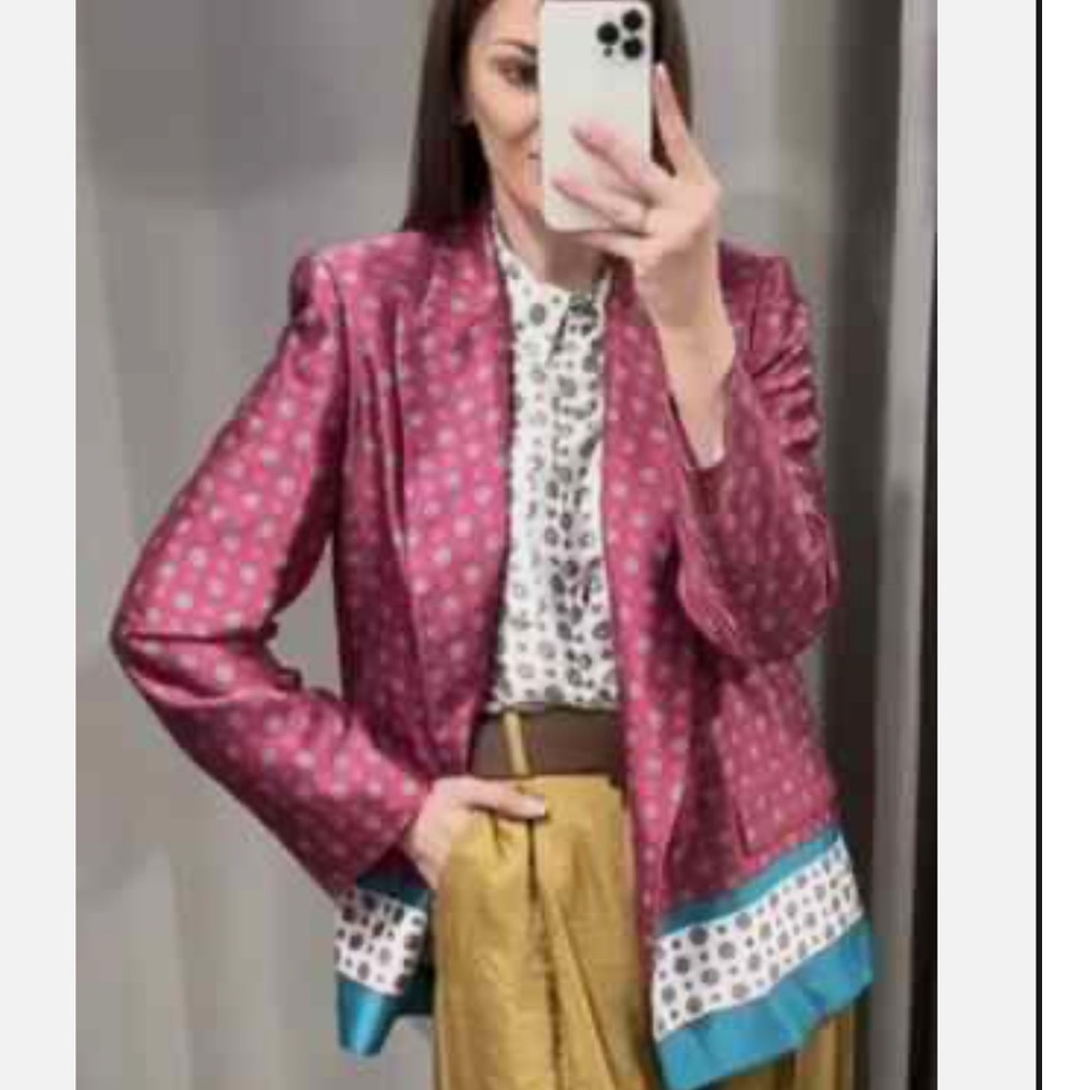 Zara Pink and Teal Patterned Blazer printed satin jacket - Picture 3 of 13